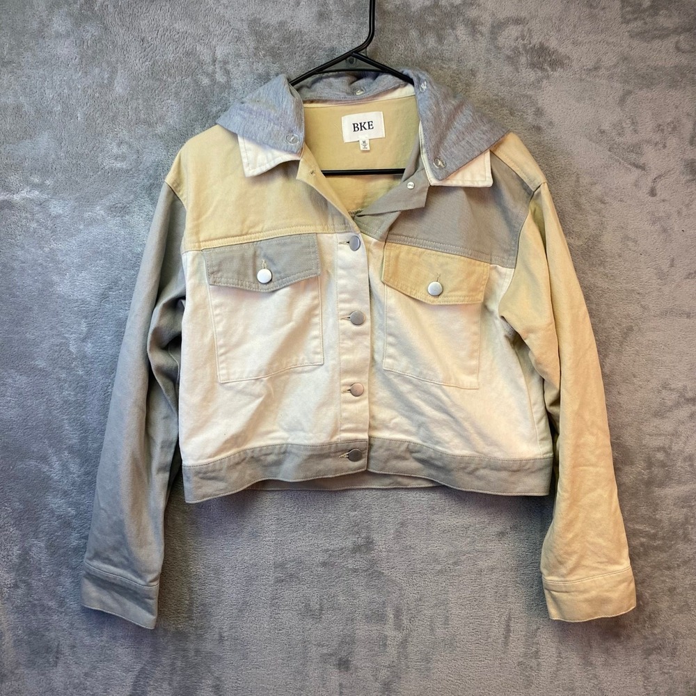 BKE Colorblock‎ Hooded Denim Jacket Neutral Tan Grey Cream Size M